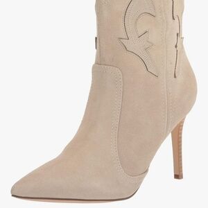 Nine West Flows. Beige Genuine Suede Pointed Toe Stiletto Ankle Boot